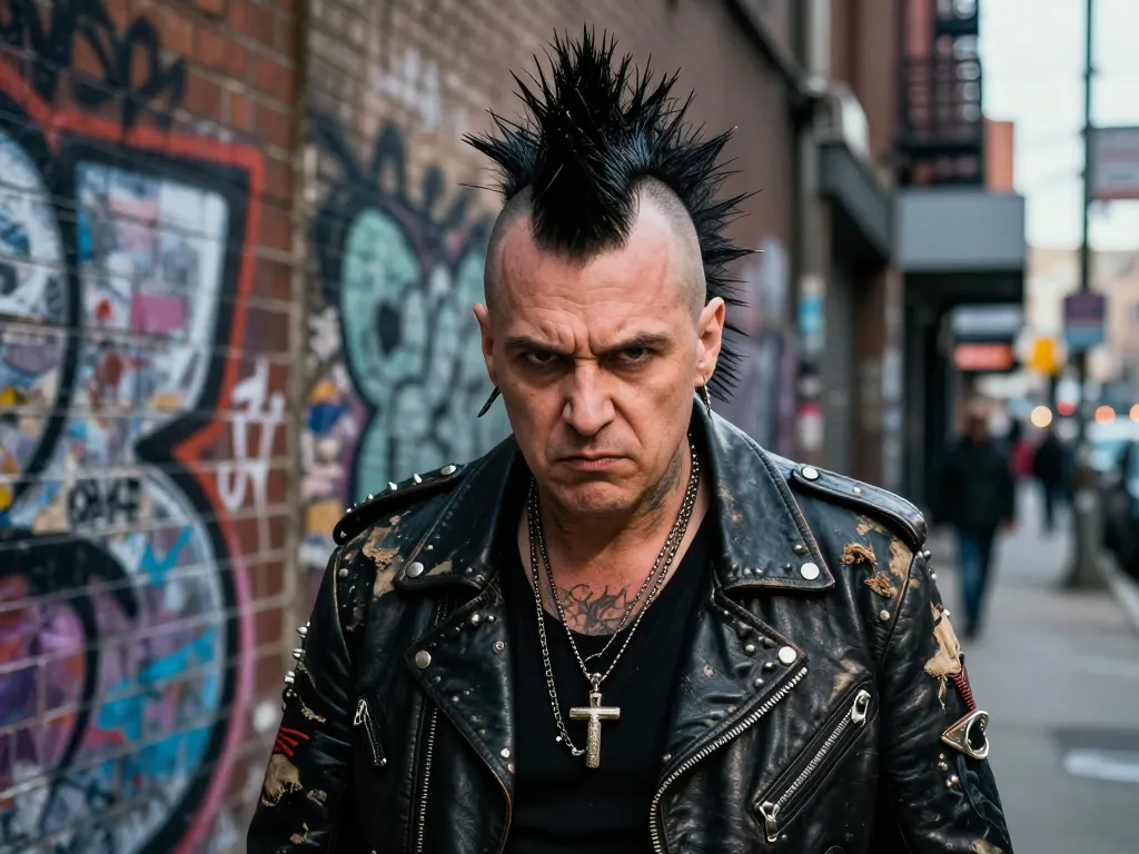 Un artiste punk rock avec une crête et un blouson en cuir clouté posant dans une ruelle urbaine sombre avec des graffitis.