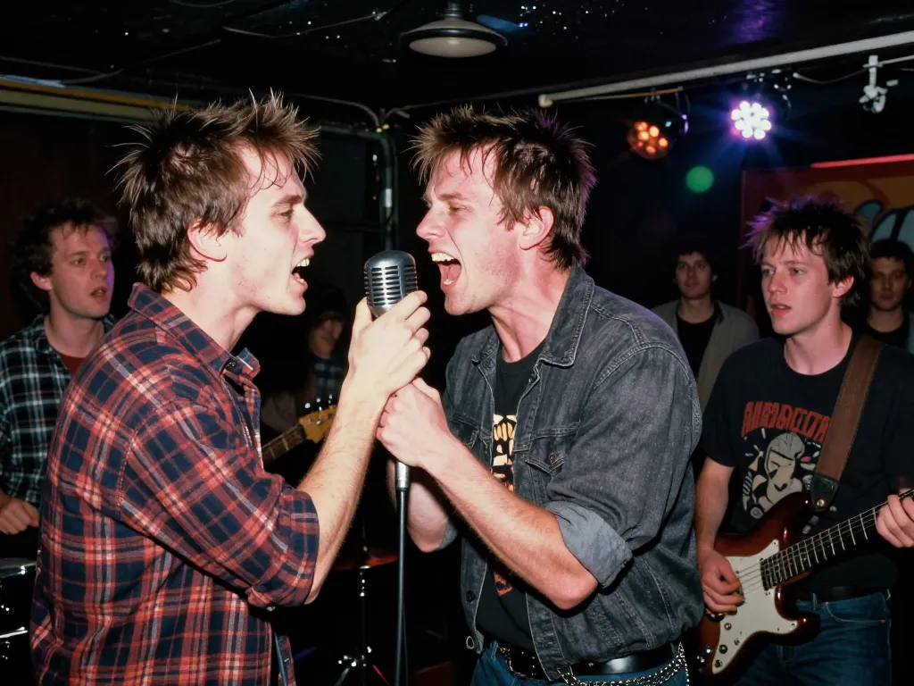 Scène de concert d'un groupe punk rock des années 90 dans un club sombre avec un chanteur passionné et des jeux de lumières intenses.