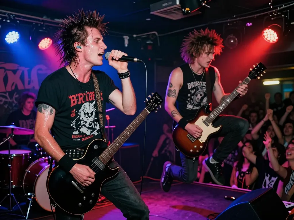 Un groupe de musique punk rock des années 2000 en plein concert sur une scène de club avec des lumières dynamiques et une ambiance énergique.