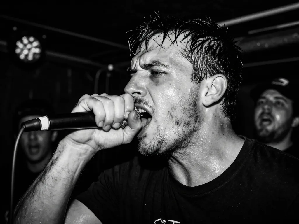 Chanteur de punk rock à l'esthétique minimaliste criant avec intensité dans un micro sur une scène de club sombre lors d'un concert hardcore.
