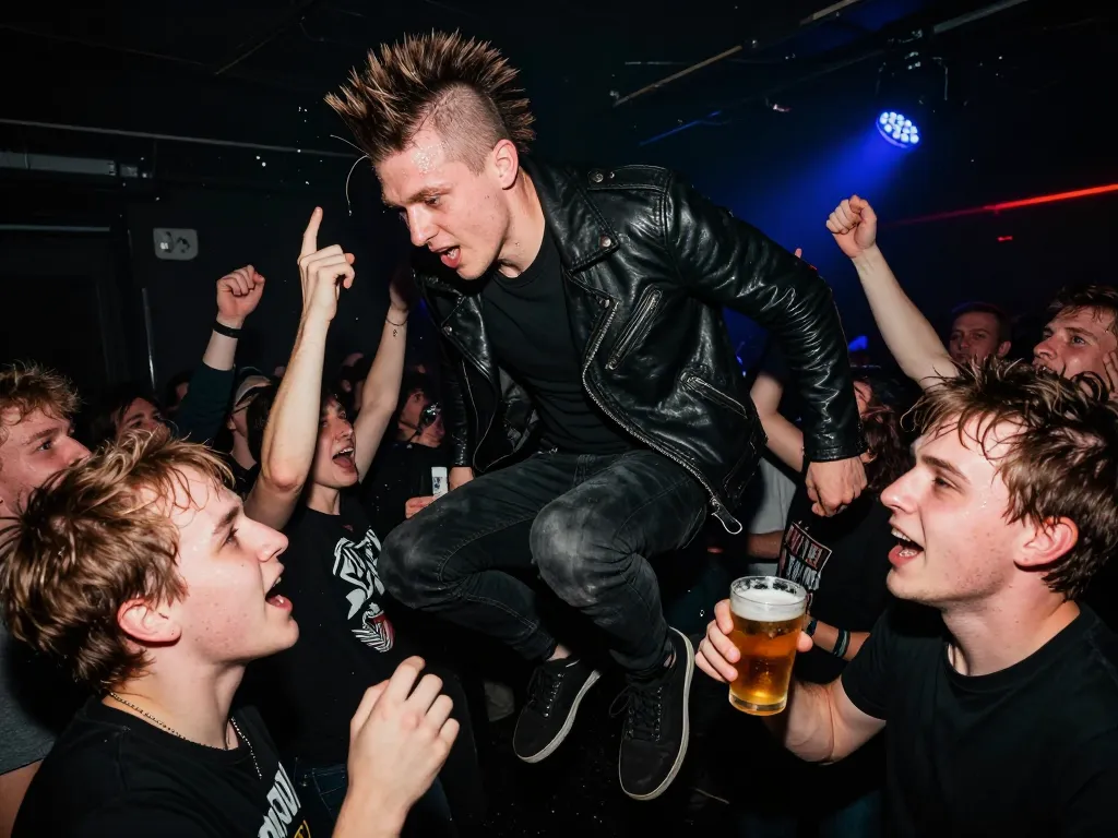 Foule énergique de fans de rock en plein pogo lors d'un concert dans une salle sombre.