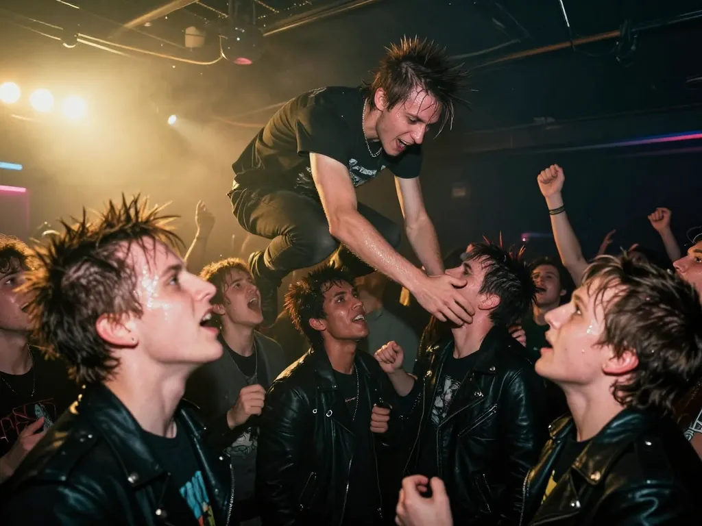 Foule de fans en plein pogo intense lors d'un concert punk rock dans une salle sombre et pleine d'énergie.