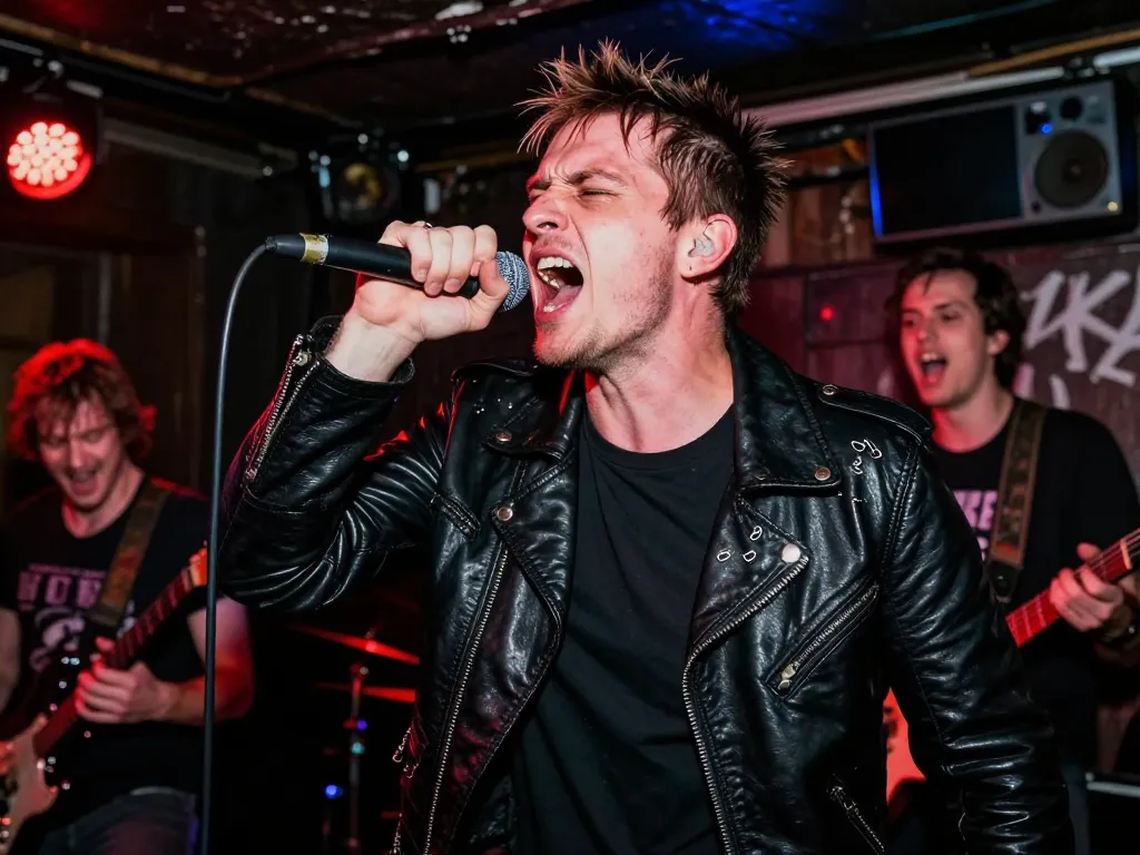Un chanteur de punk rock en pleine performance expressive sur une scène sombre de club underground avec des lumières rouges et bleues.