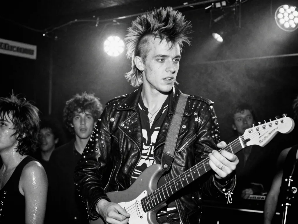Guitariste punk en pleine performance sur scène dans un club underground londonien sombre et enfumé en 1976.