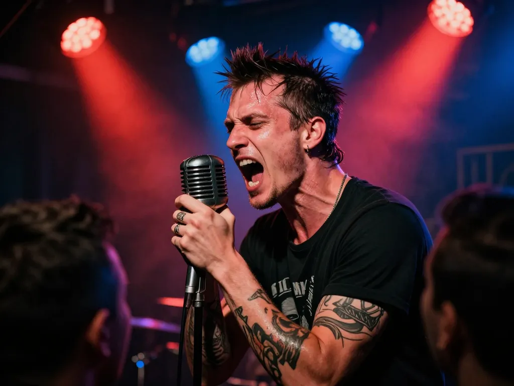Un chanteur punk énergique en plein concert sur une scène underground sombre et enfumée avec des éclairages colorés.