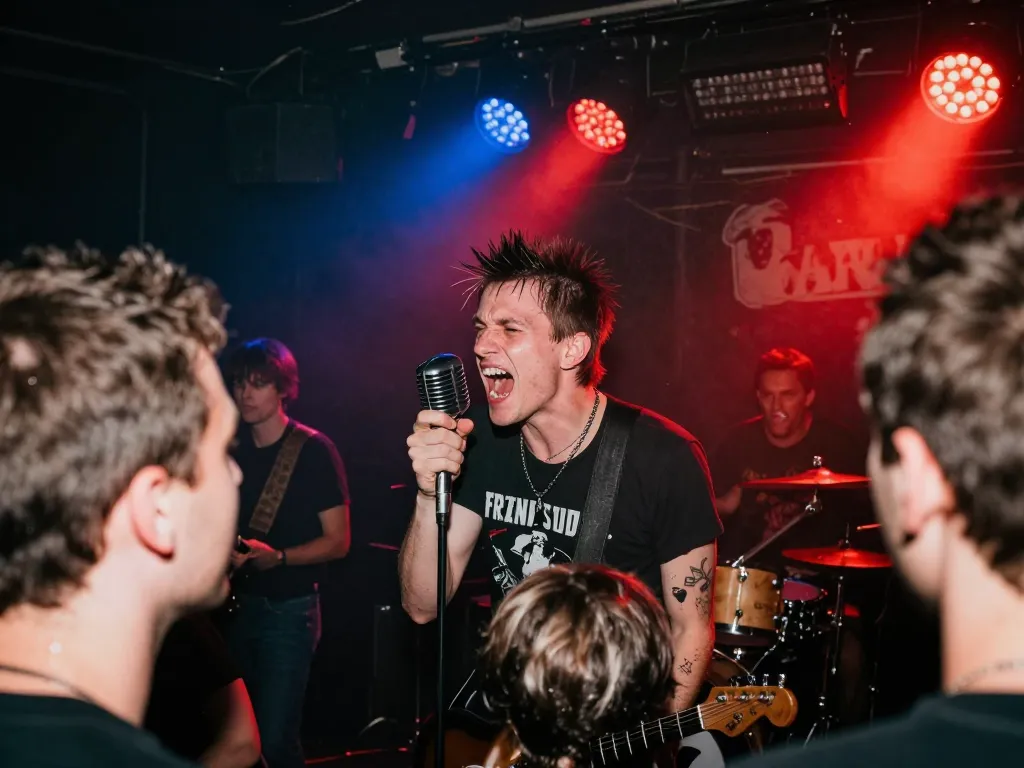 Un groupe de punk rock français en plein concert énergique dans une salle de spectacle alternative sombre avec des jeux de lumières intenses.