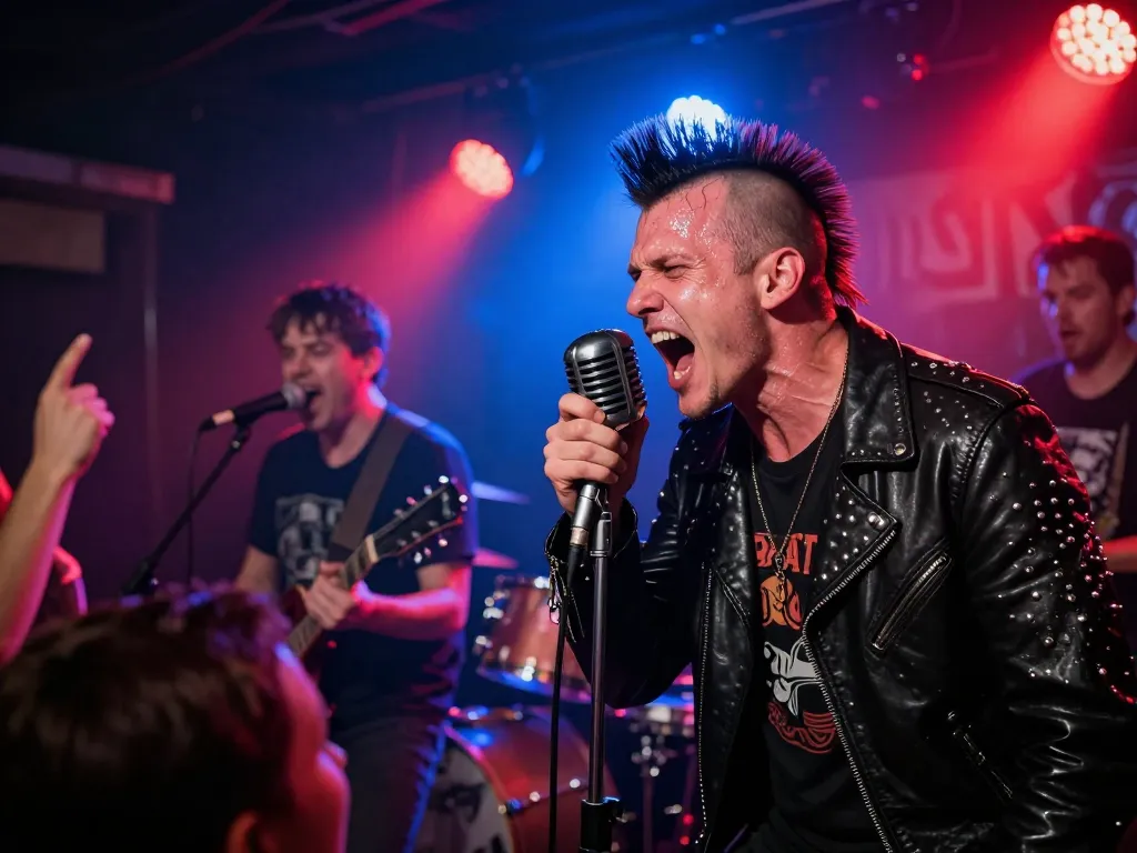 Un groupe de punk rock en plein concert sur une scène underground avec des jeux de lumières dynamiques et une foule en liesse.