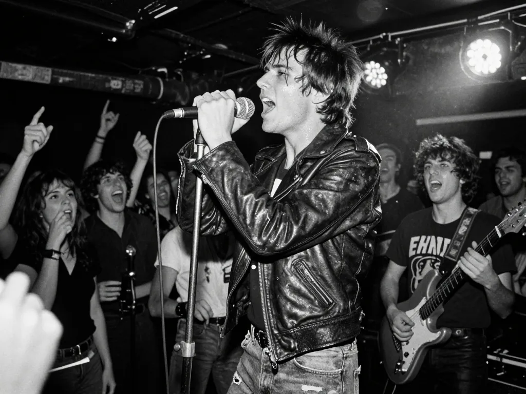 Groupe de punk rock en concert dans un club londonien sombre, chanteur en blouson de cuir devant une foule en mouvement.
