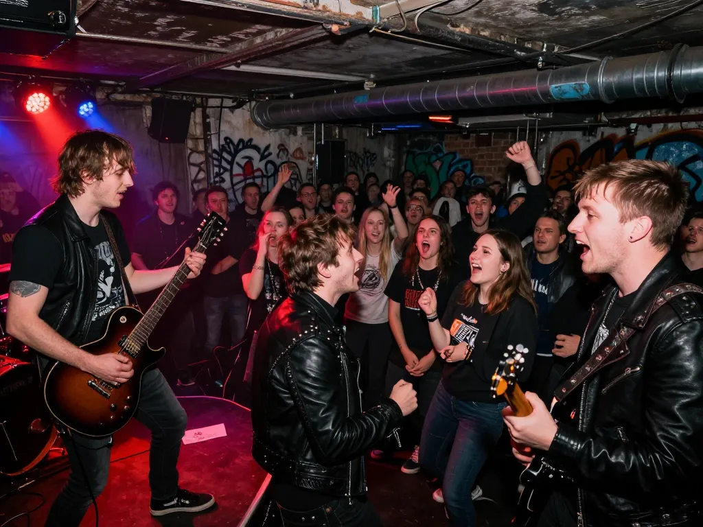 Photographie réaliste d'un concert de punk rock underground dans un club sombre avec une interaction intense entre le groupe et son public sous des lumières rouges et bleues.