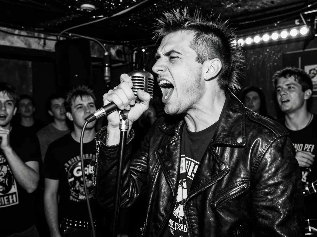 Un groupe de punk rock en plein concert dans un club sombre et underground, le chanteur crie dans son micro devant une foule en mouvement.