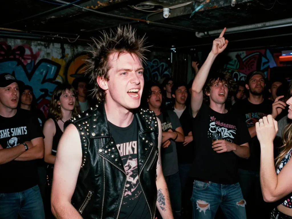 Chanteur de punk rock criant dans son micro lors d'un concert intense dans une cave sombre.