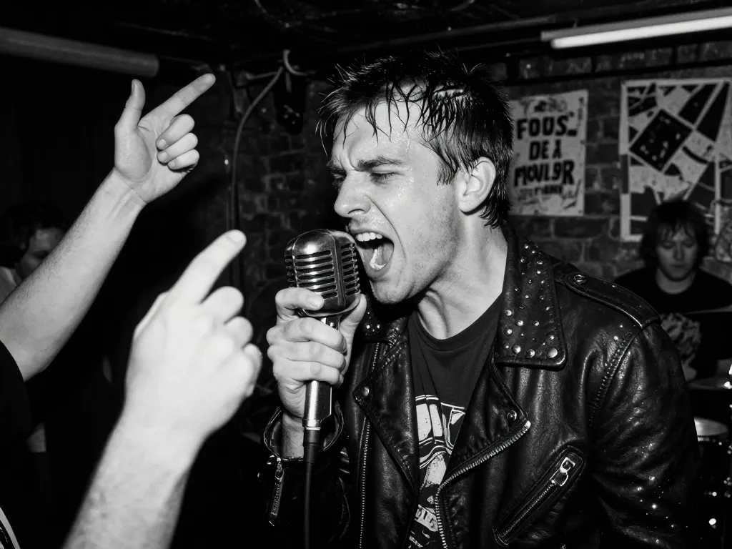 Chanteur punk énergique criant dans un micro devant une foule passionnée dans un club souterrain sombre aux murs de briques.