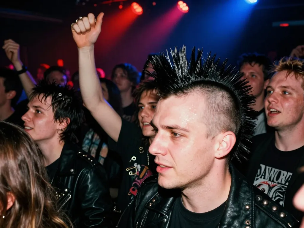 Foule énergique de jeunes fans de punk rock avec crêtes et blousons en cuir lors d'un concert dans une salle underground.