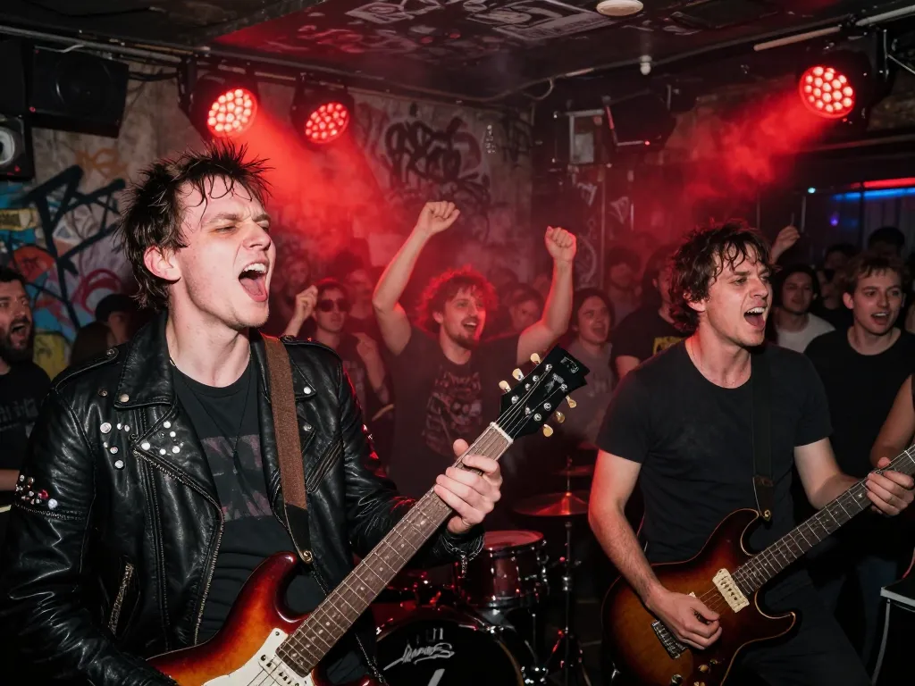 Concert de punk rock underground dans une cave de Paris avec un chanteur à l'expression intense et des blousons en cuir cloutés.