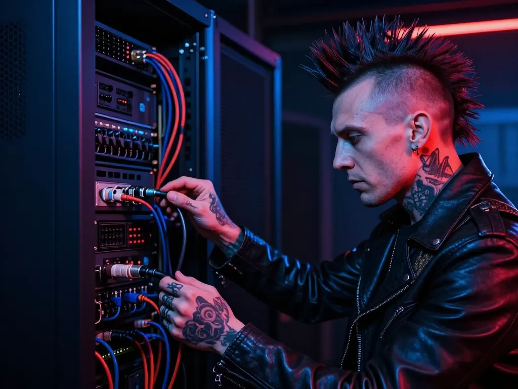 Un musicien de style punk manipulant des câbles de connexion sur un rack de serveurs informatiques dans un studio sombre aux néons colorés.