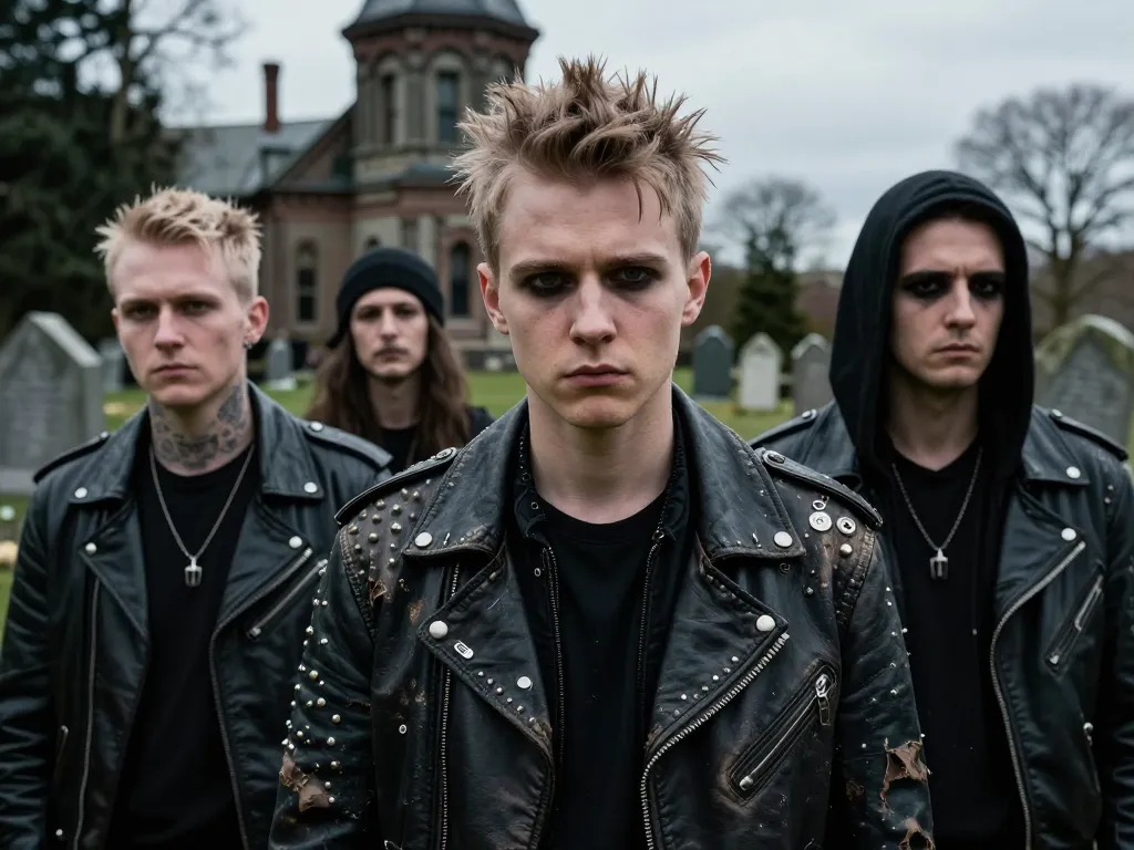 Groupe de musique punk rock posant avec une expression mélancolique dans un vieux cimetière de ville, portant des vêtements en cuir cloutés.