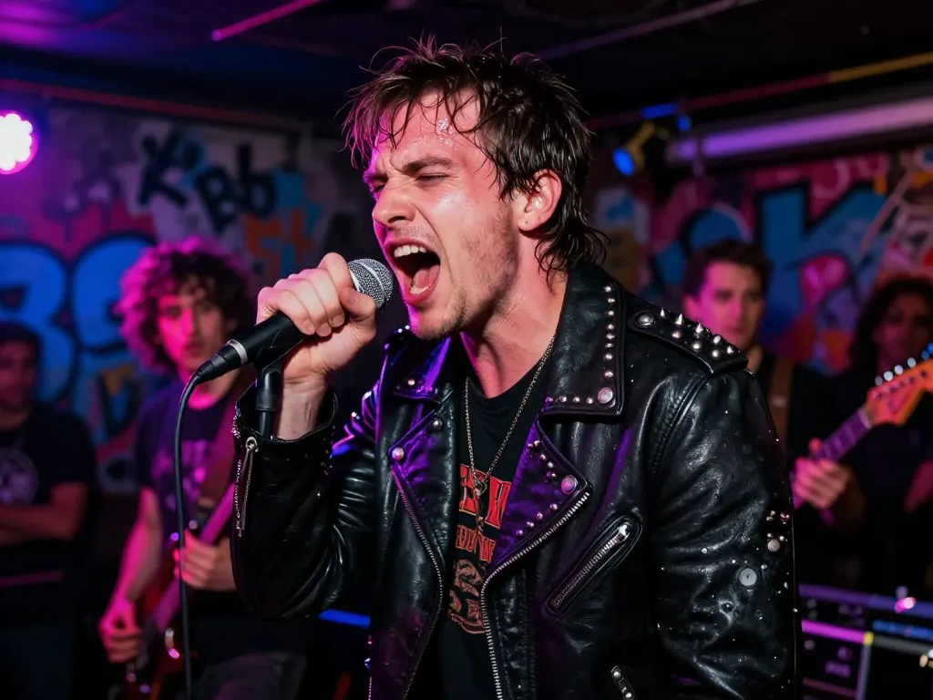 Un chanteur et un guitariste de punk rock se produisant sur une scène éclairée par des néons colorés devant une foule enthousiaste.