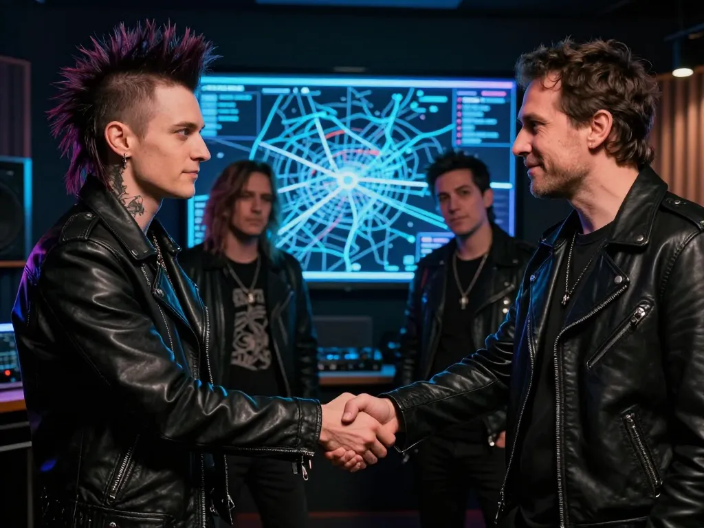 Membres d'un groupe de musique punk et un partenaire serrant la main au-dessus d'une carte interactive lumineuse dans un décor nocturne.