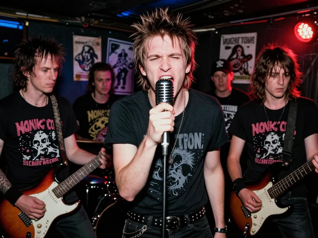 Un groupe de musique punk rock des années 2000 en plein concert sur une scène underground avec des éclairages dynamiques.