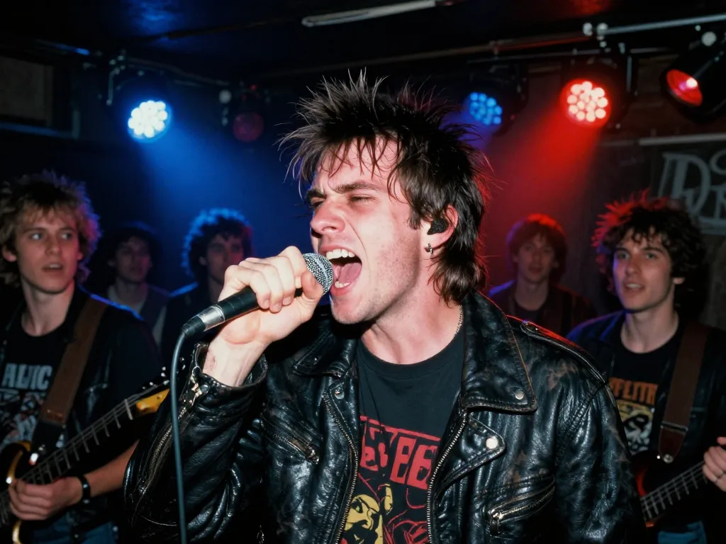 Concert de punk rock énergique des années 90 avec chanteur sur scène et ambiance de club underground.