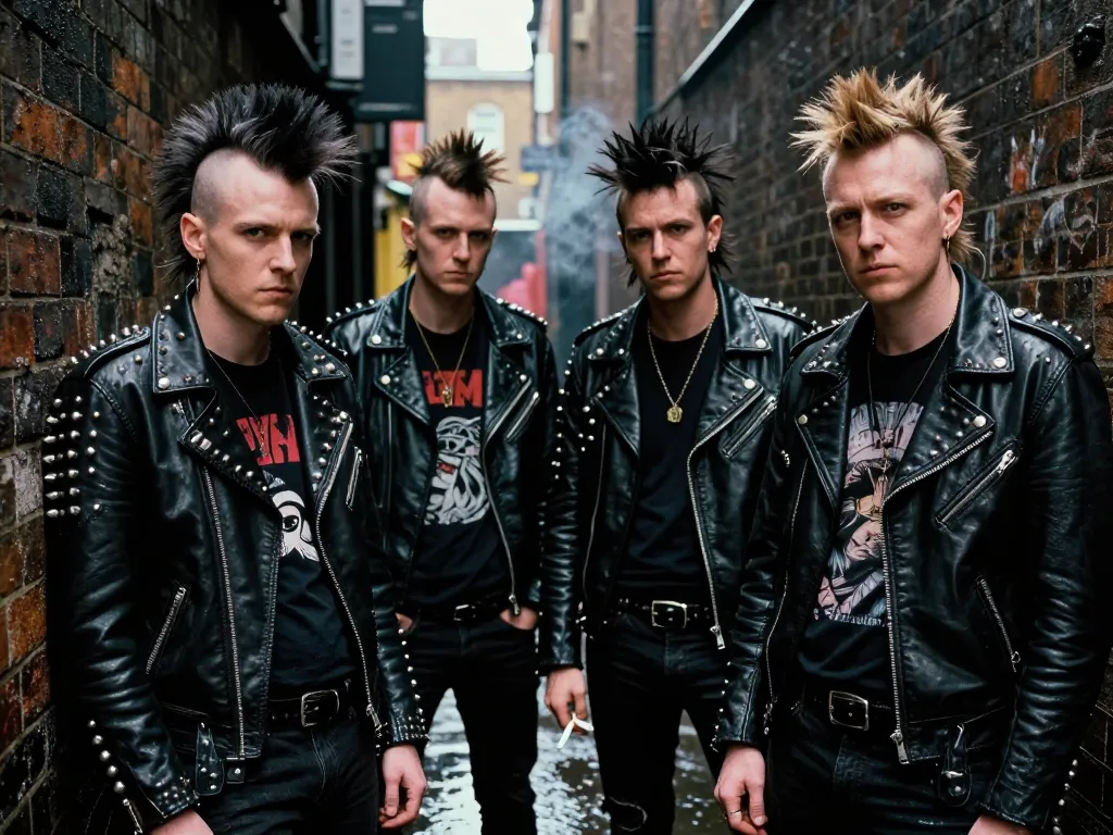 Un groupe de jeunes musiciens punk britanniques des années 70 posant dans une ruelle sombre de Londres, portant des blousons en cuir cloutés et des coiffures iroquoises.