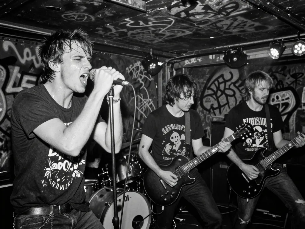 Groupe de musique punk rock jouant sur une scène underground sombre avec des blousons en cuir et une attitude rebelle.