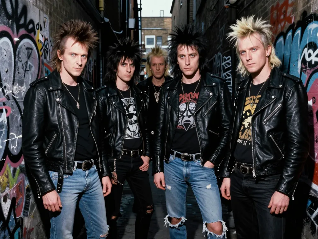 Quatre membres d'un groupe de punk rock au regard intense posant dans une ruelle sombre couverte de graffitis, portant des perfectos en cuir et des jeans déchirés.
