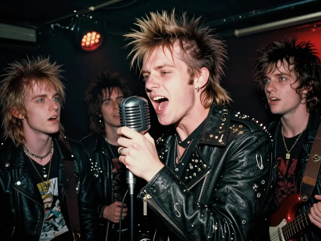Un groupe de musique punk rock sur scène dans un club sombre avec des vestes en cuir et une ambiance rebelle inspirée des années soixante-dix.
