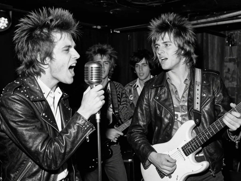 Un groupe de musiciens punk rock en plein concert dans un club sombre de New York avec un chanteur énergique et des blousons en cuir.