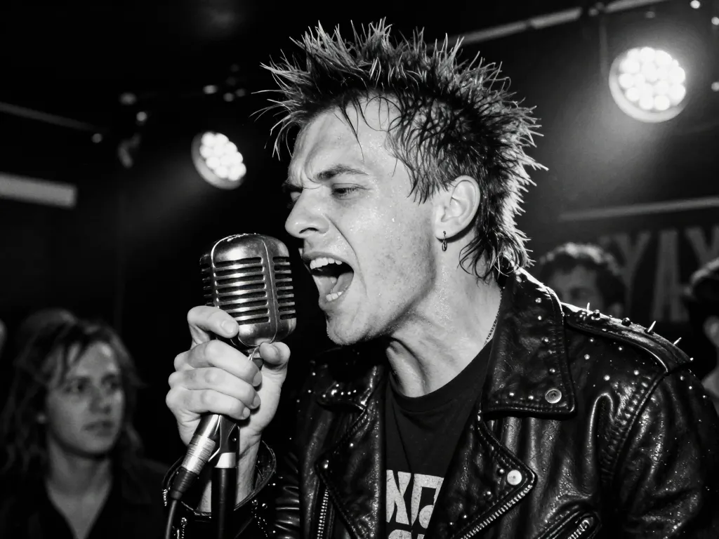 Portrait intense d'un chanteur punk rebelle hurlant dans un micro lors d'un concert underground des années 1970.