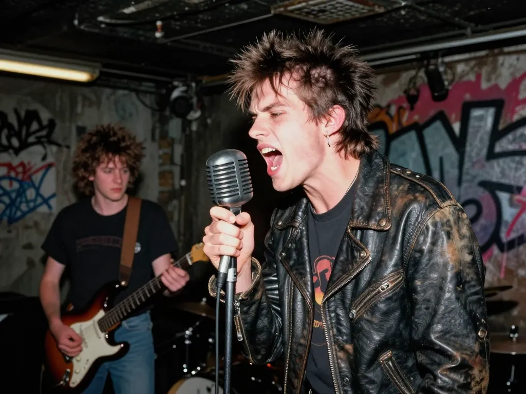 Groupe de rock alternatif des années 80 se produisant sur une scène underground sombre avec un chanteur énergique.