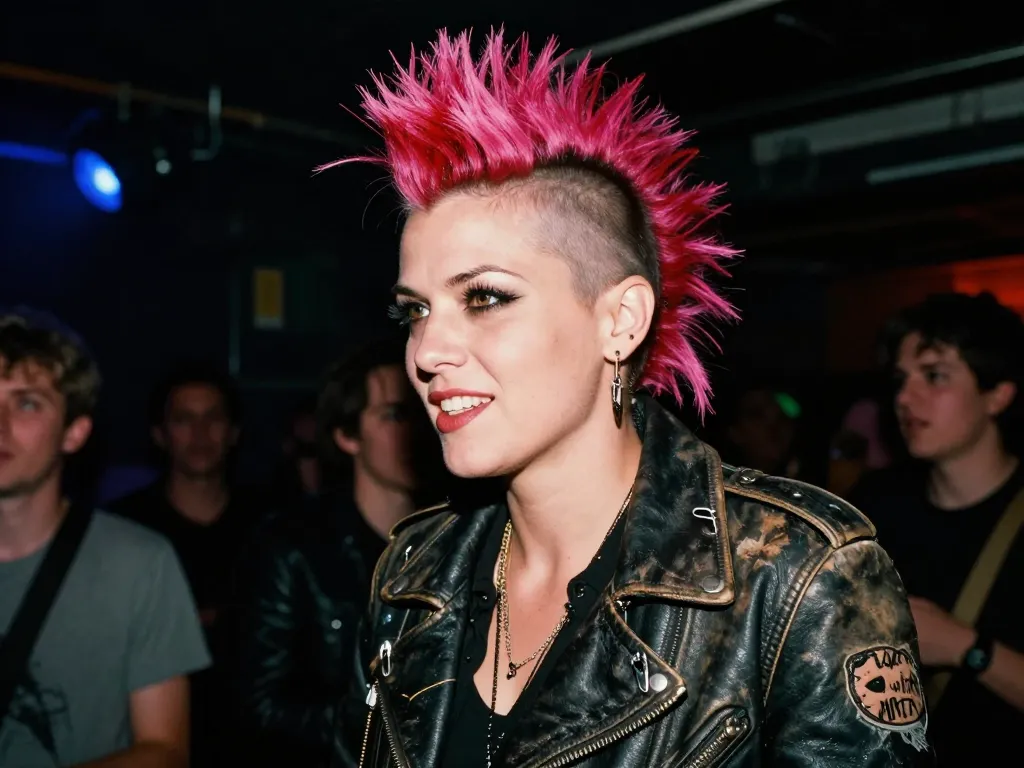 Portrait expressif d'une musicienne punk avec une coiffure iroquoise et un blouson en cuir clouté dans un club de rock des années 70.