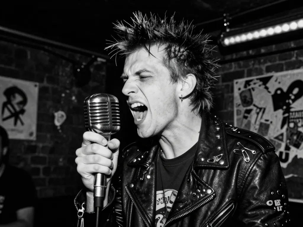 Chanteur punk rock iconique avec une veste en cuir cloutée criant dans un micro vintage sur une scène de concert intense.