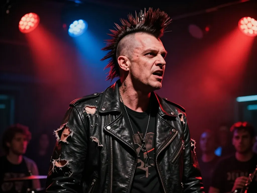 Un chanteur de punk rock avec une crête et une veste en cuir déchirée sur une scène de concert underground avec des éclairages colorés.