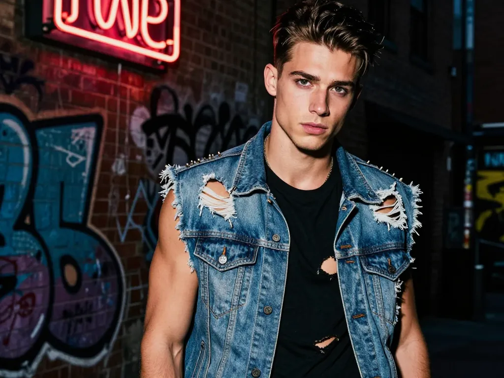 Portrait d'un jeune homme au style punk rock portant des vêtements déchirés et une veste customisée dans une ruelle urbaine avec graffitis.