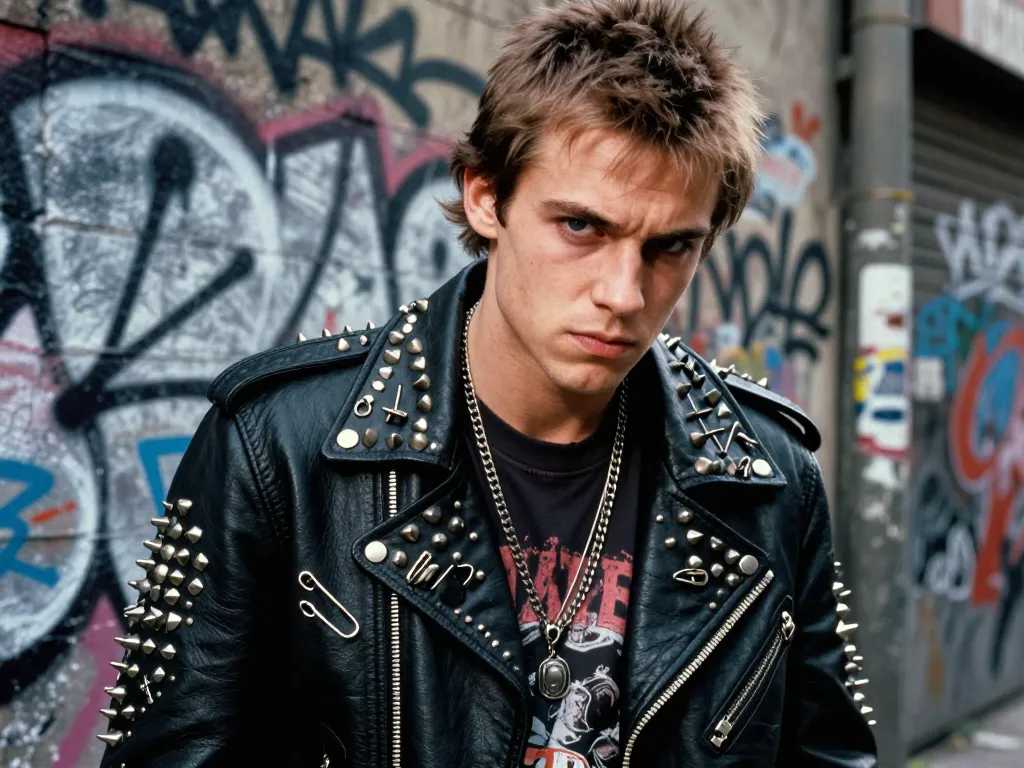 Portrait d'un homme au style punk portant un blouson en cuir noir couvert de clous métalliques dans une ruelle sombre.