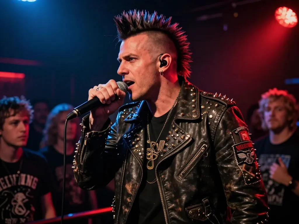 Chanteur punk avec une crête et une veste en cuir cloutée chantant intensément sur une scène de concert sombre et enfumée.