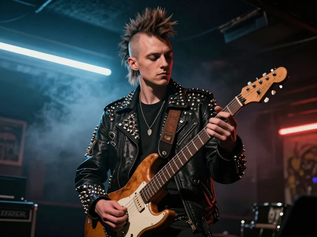 Guitariste punk en blouson de cuir clouté jouant de la guitare électrique sur une scène de concert sombre.