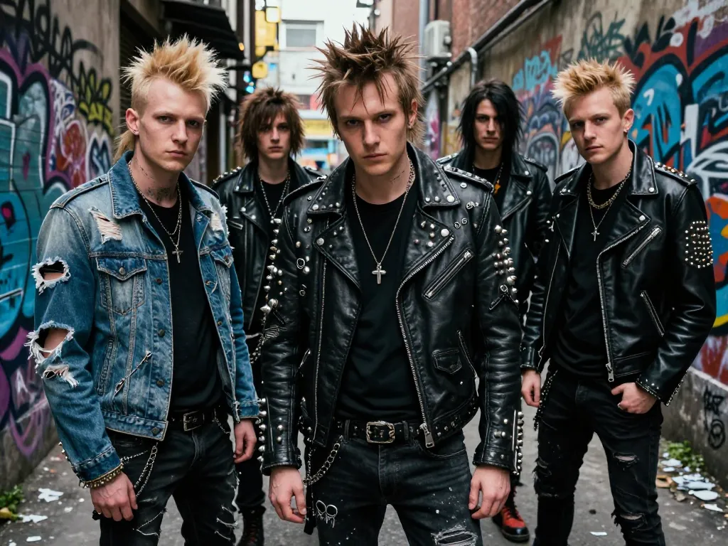 Groupe de musiciens au style punk avec vestes en cuir cloutées et vêtements déchirés dans une ruelle industrielle sombre.