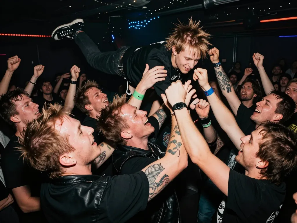 Moshpit intense et survolté de fans de punk rock dans une salle de concert sombre sous des projecteurs.