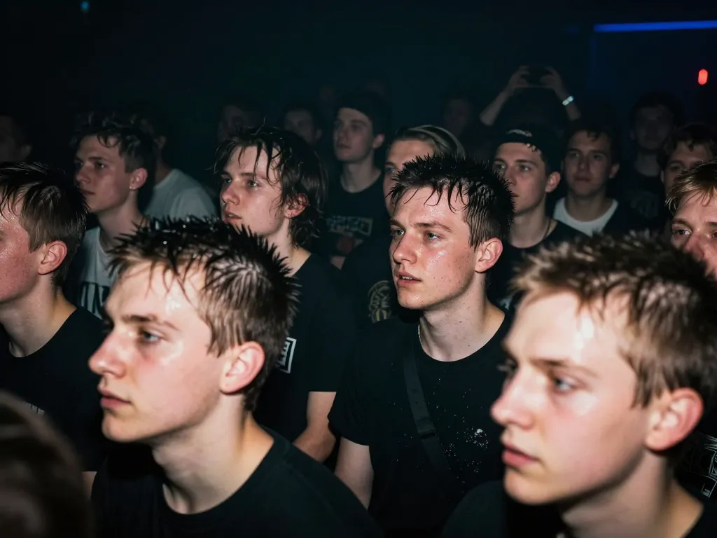 Foule de jeunes punks en pleine énergie lors d'un concert dans une salle sombre et rebelle