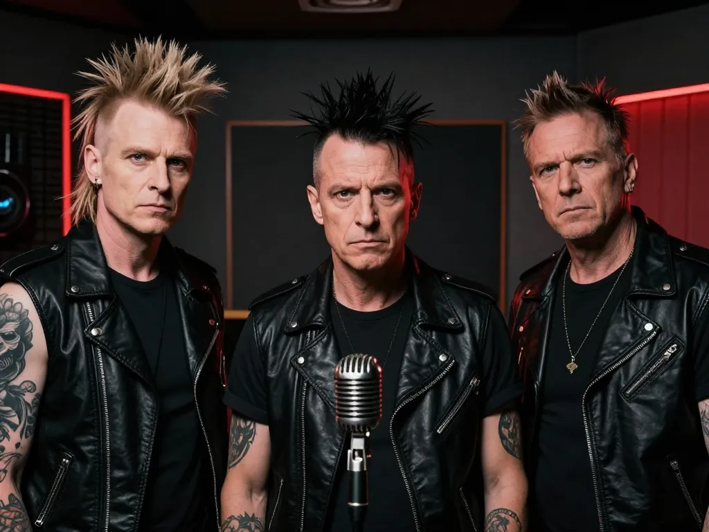 Trois membres d'un groupe de musique punk rock posant avec détermination dans un studio de répétition au style urbain.