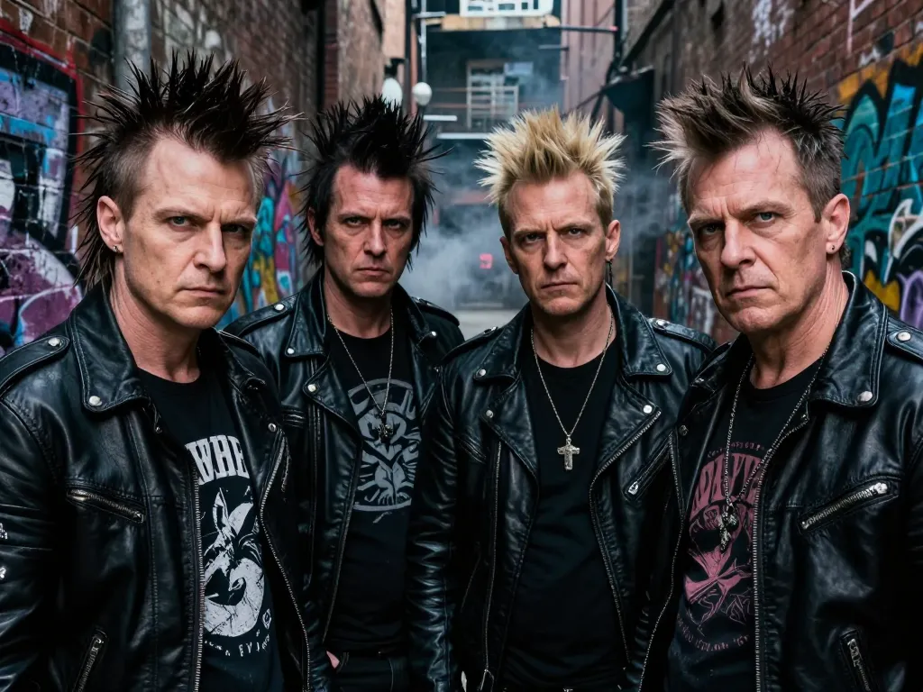 Portrait réaliste des quatre membres d'un groupe de punk rock aux expressions rebelles et déterminées dans une ruelle urbaine.