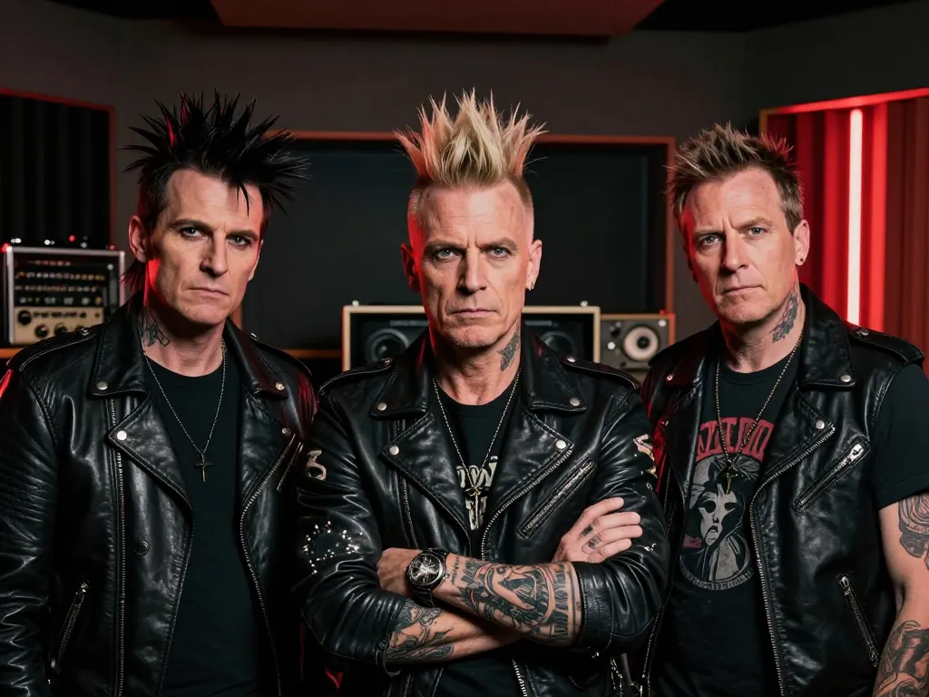 Portrait de trois musiciens de punk rock aux visages expressifs posant avec leur matériel dans un studio d'enregistrement.
