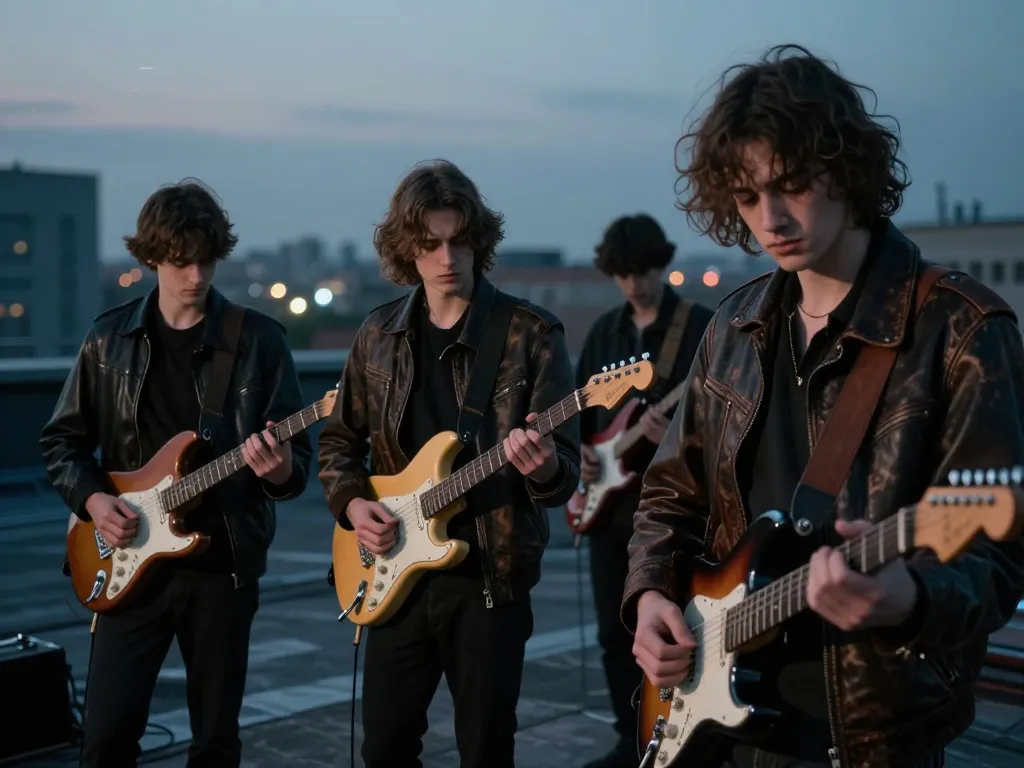 Groupe de jeunes musiciens en session de musique mélancolique sur un toit en ville au crépuscule.