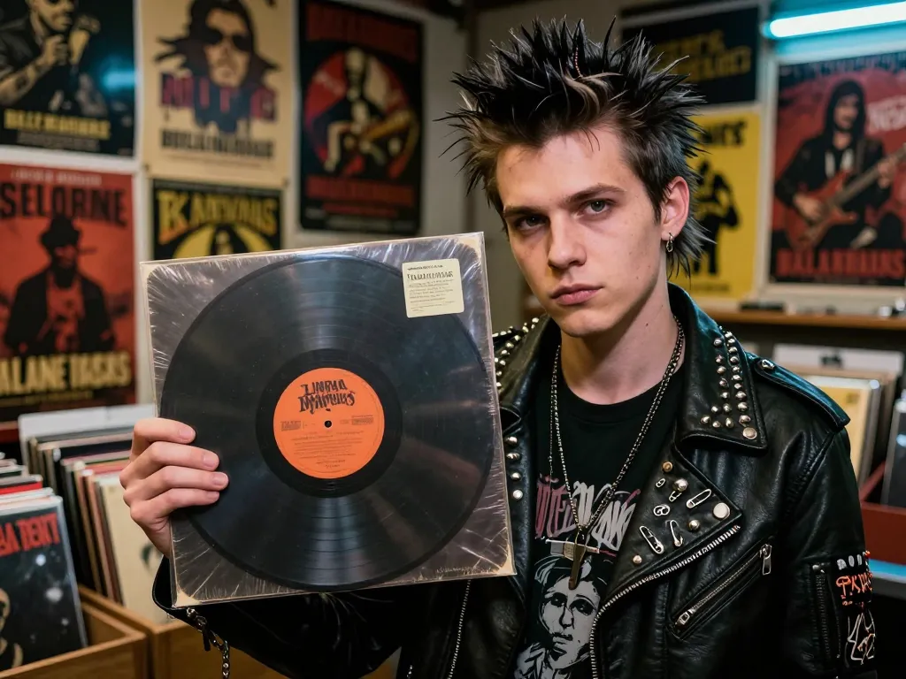Gros plan d'un musicien aux traits fins tenant un disque vinyle dans un magasin de musique alternative à l'ambiance rebelle.