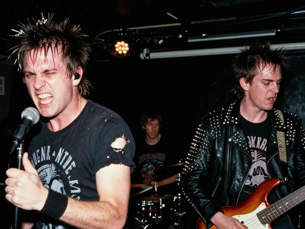 Membres d'un groupe punk rock sur scène dans une ambiance rebelle avec des vêtements déchirés et des clous sous une lumière crue.