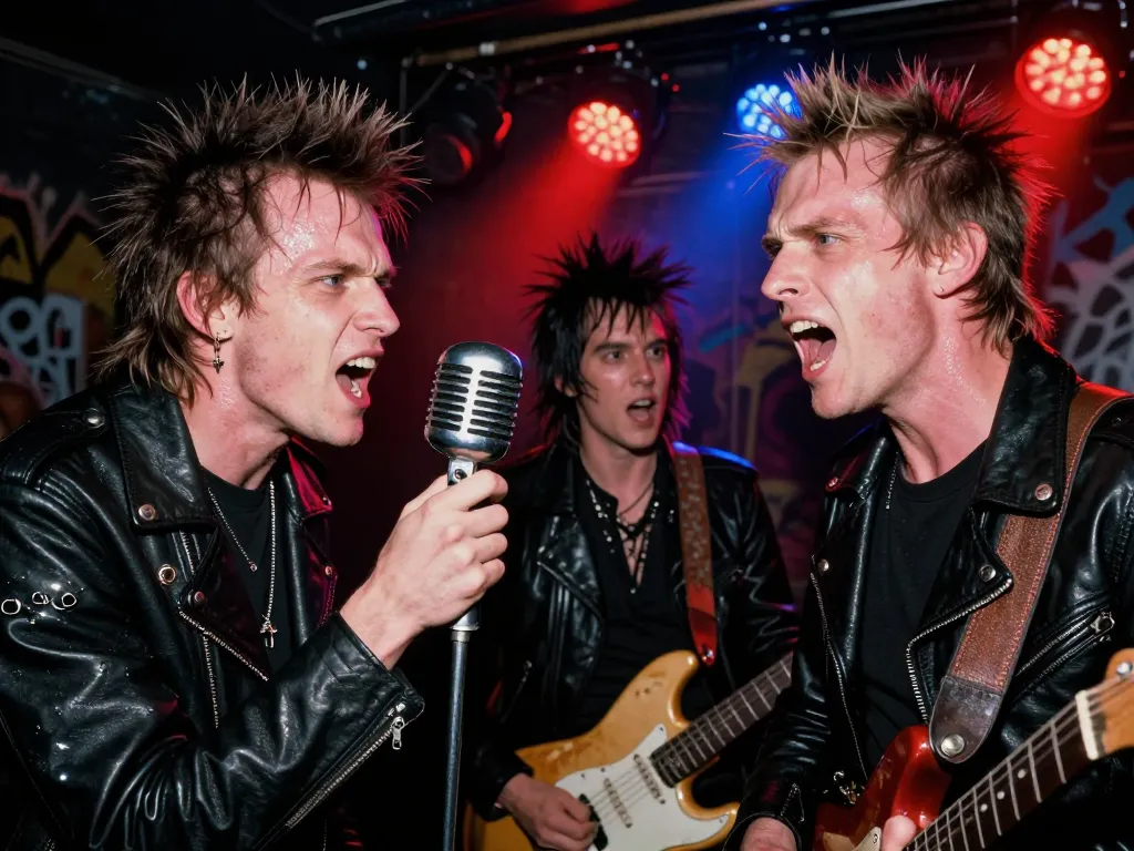 Groupe de musiciens punk rock sur scène dans un club underground sombre avec des jeux de lumières vifs.