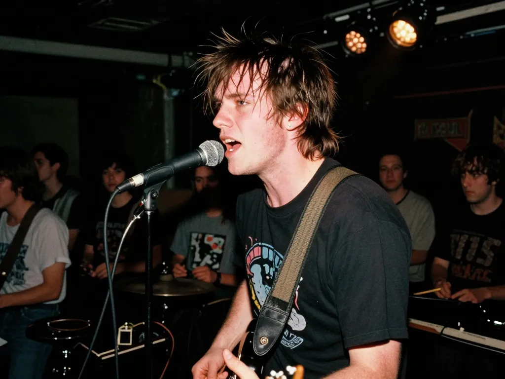 Un groupe de rock alternatif des années 90 en plein concert dans un club underground sombre avec un chanteur expressif sur scène.