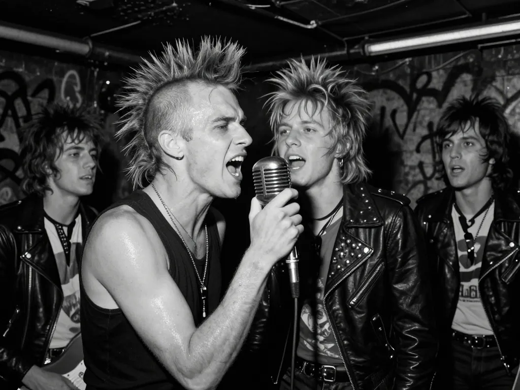 Scène de concert punk rock intense dans un club underground londonien des années 70 avec un chanteur à crête et des blousons en cuir cloutés.